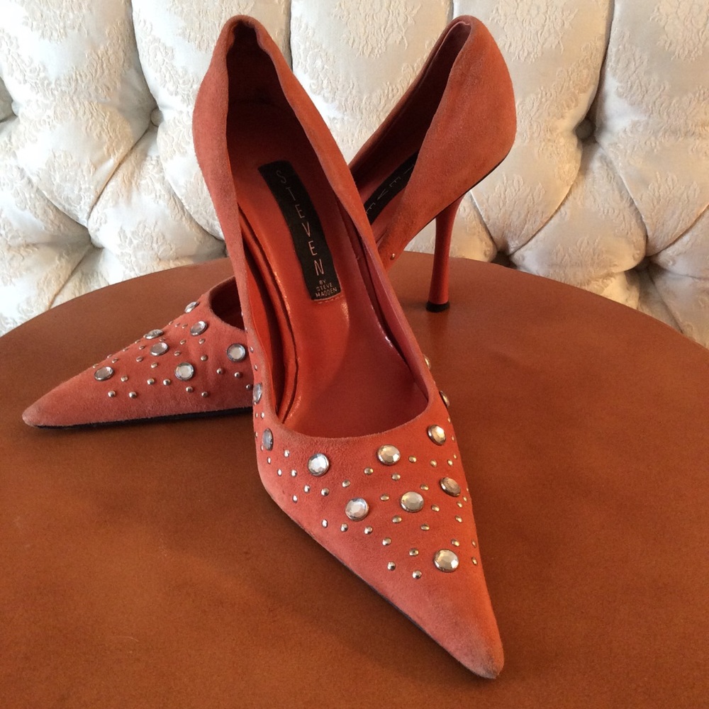 Salmon Suede Bezeled Rhinestone pumps